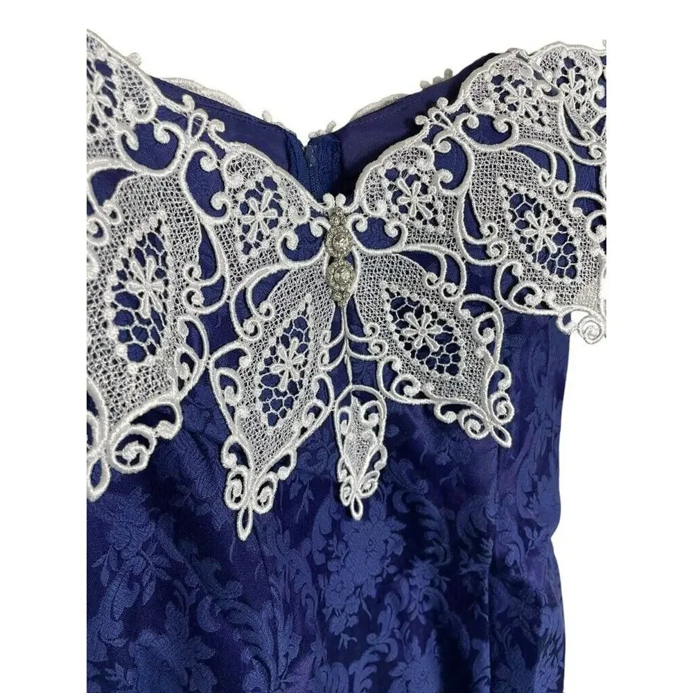 80s Scott McClintock Blue Jacquard Off Shoulder Wide Lace Wiggle Dress Size 8 - Picture 2 of 4
